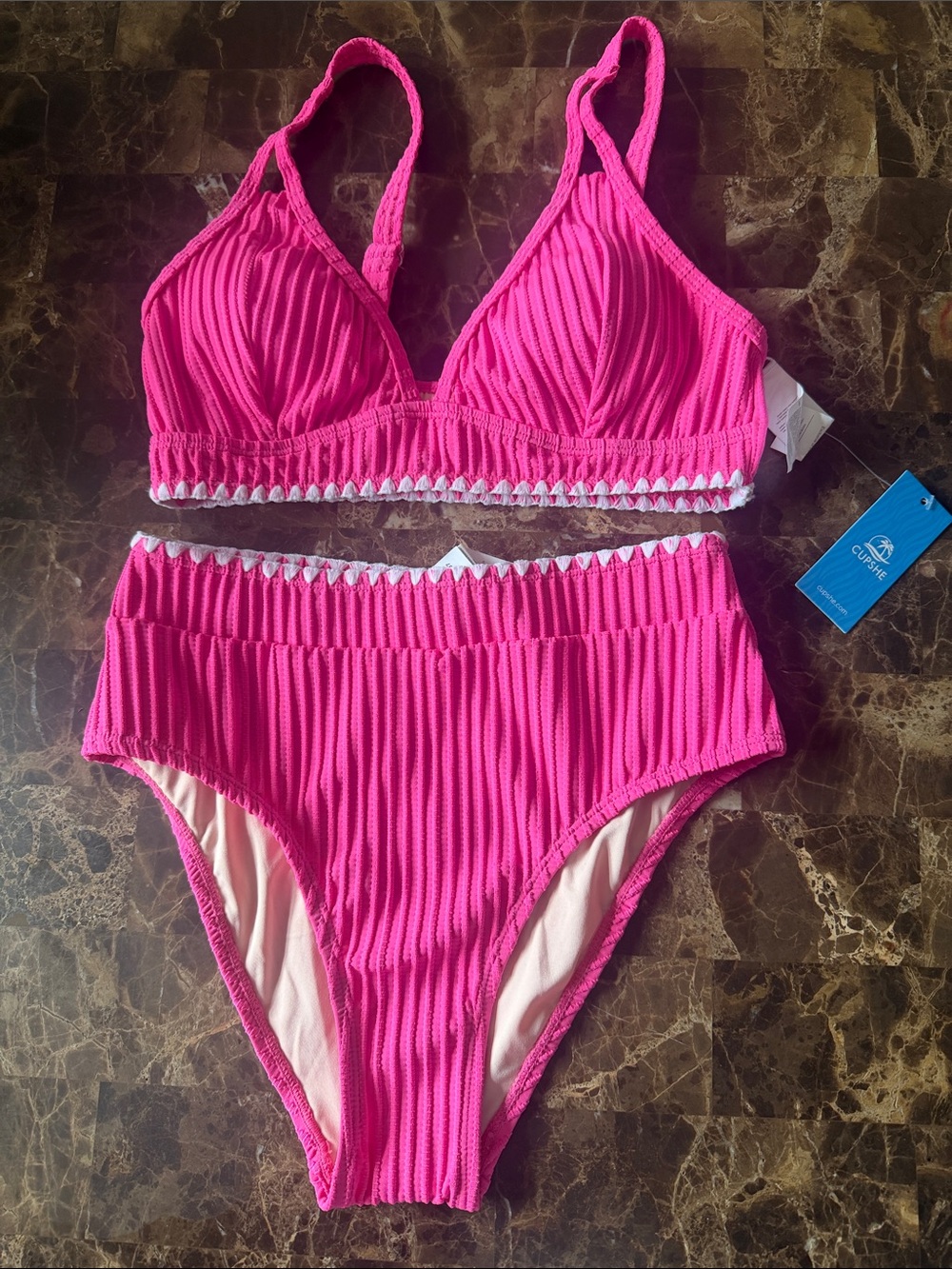 Cupshe Pink Two-Piece Bikini Set with White Trim